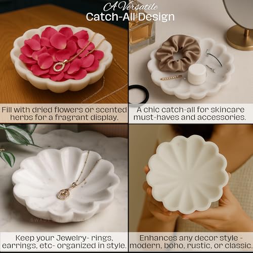 SWADESHI BLESSINGS HandMade Marble Jewelry Tray, Trinket Dish, Catch-all,5" | 100% Natural Marble Bowl- Organizes Rings, Earrings, Bracelets & Keys, Gift-Ready for Mother Sister Daughter on all Occasions