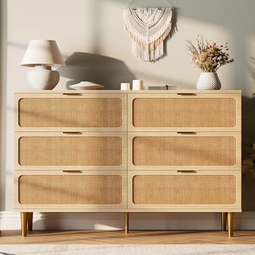 GarveeHome Rattan 6 Drawer Dressers for Bedroom, Deep Drawer, Natural | Tall Dresser, Wide Top, for Living Room, Hallway, Kids Room, Large Chest of Drawers for Closet, Long Wooden Dresser