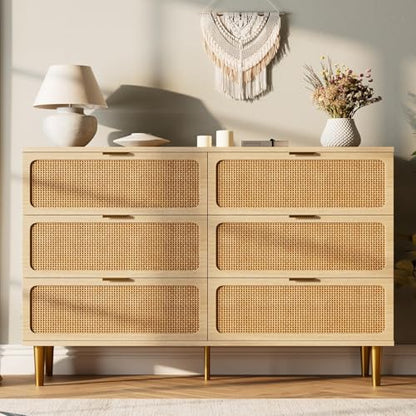 GarveeHome Rattan 6 Drawer Dressers for Bedroom, Deep Drawer, Natural | Tall Dresser, Wide Top, for Living Room, Hallway, Kids Room, Large Chest of Drawers for Closet, Long Wooden Dresser