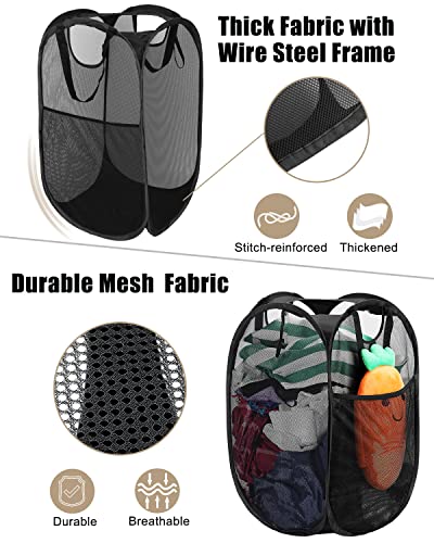 2 Pack Strong Mesh Pop Up Laundry Hamper, 70L Collapsible Laundry Basket with Steel Frame, Double‑Stitched Handles & Side Pocket, Foldable Dirty Clothes Hamper for Dorm, Bedroom, Black
