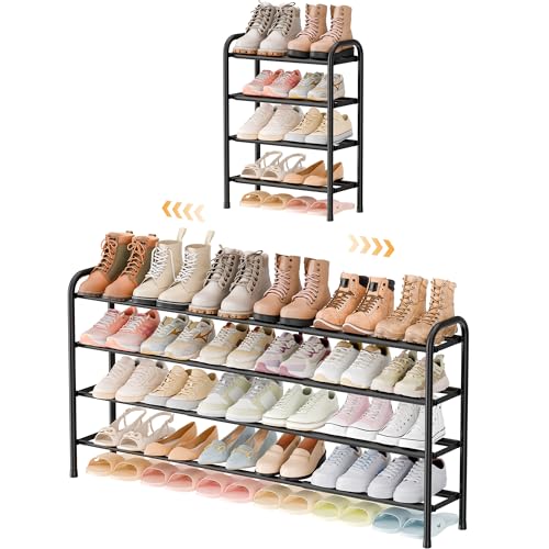 ENJOYBASICS 4 Tier Expandable Shoe Rack, Metal Small Shoes Shelf, Black | Free Standing Shoe Holder for 24 Pairs, Sturdy Shoe Organizer for Closet, Entryway, Under Bed ,Front Door, Bedroom
