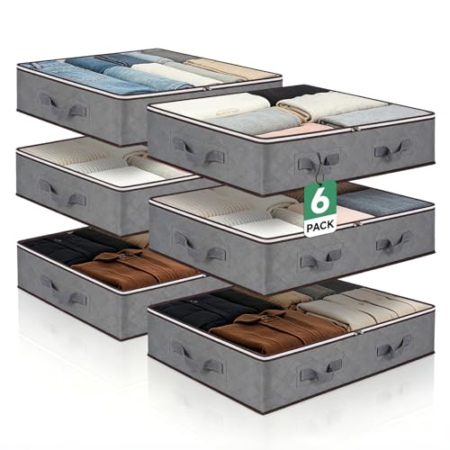 Pterying 6 Pack Under Bed Storage Containers with Transparent Clear Window | Underbed Storage Bins with Reinforced Handles, Dual-Zipper for Clothes, Comforters, Blankets and Bedding, Gray
