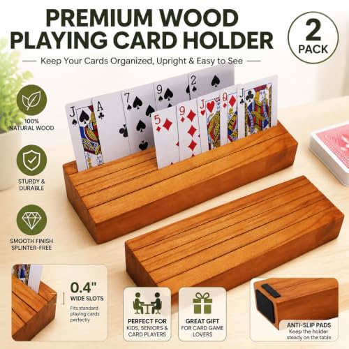 Card Holders for Playing Cards Deck Holder Stand Wooden Card Holder for Kids Canasta Holder for Adults Seniors Crowns Uno Poker Games Set of 2(Orange)