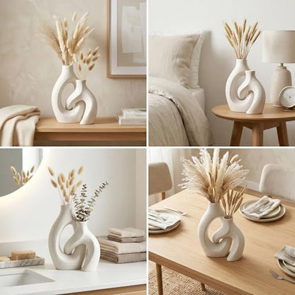 White Ceramic Vase Set of 2, Hollow Oval Flower Vases for Decor, Handmade Nordic Minimalist Ceramic Vase for Pampas Grass, Living Room, Farmhouse & Boho Home Decor, Housewarming Gifts