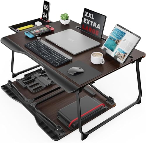 SAIJI Laptop Desk for Bed, XX-Large Foldable Bed Tray Table, 25.6" x 19.3" | Laptop Table for Eating Breakfast, Writing Working Gaming Drawing with Storage Drawer, Bookstand, Tablet Stand, Black Cherry