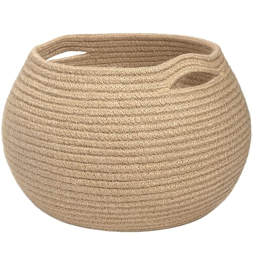 Goodpick Round Small Wicker Storage Basket for Shelves, 10" x 8.3", Jute | Woven Baby Basket with Handles，Decorative Gift Basket, Fits Living Room Nursery Toys & Towels Storage, Plant Baskets Indoor