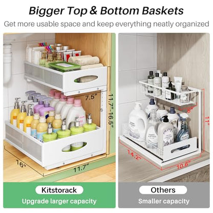 Under Sink Organizer, 2-Pack Pull Out Cabinet Organizer 2 Tier Metal Slide Out Storage Shelf Rack, L-Shaped Adjustable Height,Mesh Sliding Drawer for Kitchen, Bathroom, Laundry, Pantry, White, XL