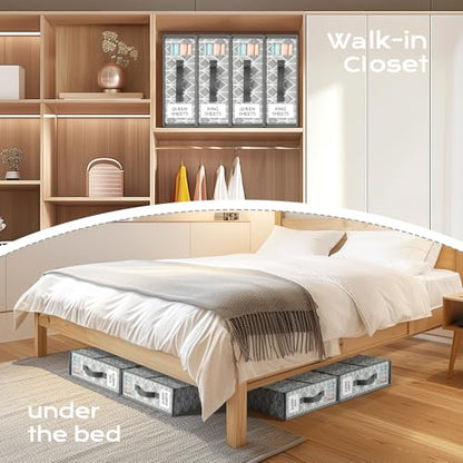 Yecaye Sheet Organizers and Storage, Linen Closet Organizer, 8 Pack, Grey | Foldable Fabric Organizers with Clear Window, Labels and Handles for Queen & King Sheet Sets, Duvet Covers and Pillowcases