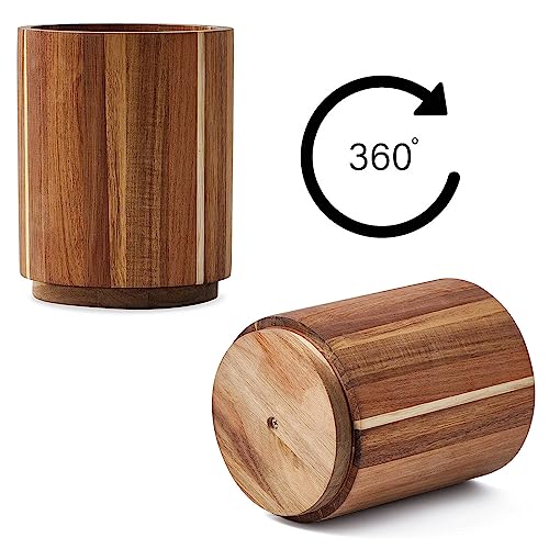Acacia Wood Utensil Holder, 360° Rotating, Large Countertop Organizer, Farmhouse Kitchen Decor