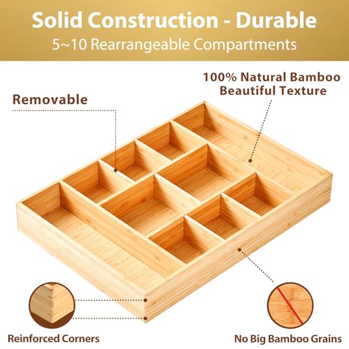 Extra Large Bamboo Desk Drawer Organizer, Wood Junk Organizer Tray with Adjustable Dividers, Anti-Skip Storage Organization in Office Bathroom Drawer for Vanity, Makeup, 17" x 12"