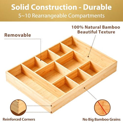 Extra Large Bamboo Desk Drawer Organizer, Wood Junk Organizer Tray with Adjustable Dividers, Anti-Skip Storage Organization in Office Bathroom Drawer for Vanity, Makeup, 17" x 12"