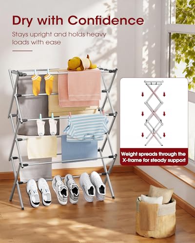 Foldable 3-Tier Clothes Drying Rack 37.4" H with Non-Slip Feet | Indoor & Outdoor Use, Space Saving, Metal Frame, 11.4" D x 29.1" W, Silver