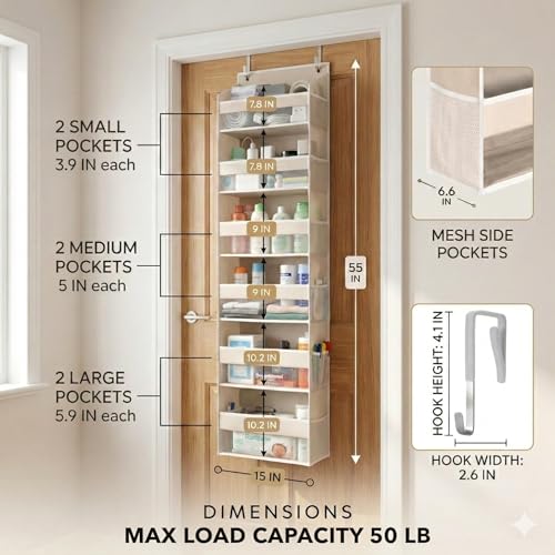 UPGRADED 6 Tiers Over The Door Organizer Hanging - 100D EXTRA THICK & 50lbs HUGE CAPACITY, 12 Side Mesh Pockets Over The Door Shoe Organizer, Hanging Closet Organizer (Ivory, 1pc)