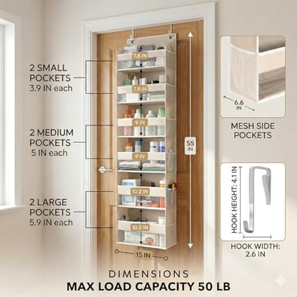 UPGRADED 6 Tiers Over The Door Organizer Hanging - 100D EXTRA THICK & 50lbs HUGE CAPACITY, 12 Side Mesh Pockets Over The Door Shoe Organizer, Hanging Closet Organizer (Ivory, 1pc)