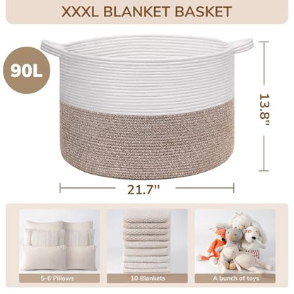 INDRESSME XXXLarge Woven Rope Blanket Basket Living Room Brown, 90L | 21.7" x 13.8" Storage baskets for toys laundry & pillows. Fits living room, bedroom or nursery décor. Soft-touch with handles