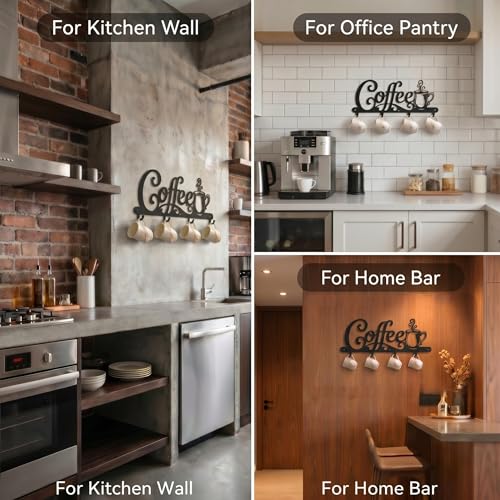 Coffee Mug Holder Wall Mount with 4 Hooks, 16.93 Inch Metal Coffee Bar Decor Sign, Heavy Duty Iron Cup Rack Hanger for Kitchen, Cafe and Home Organization, Matte Black（16.93"L x 6.69"H x 0.98"W)