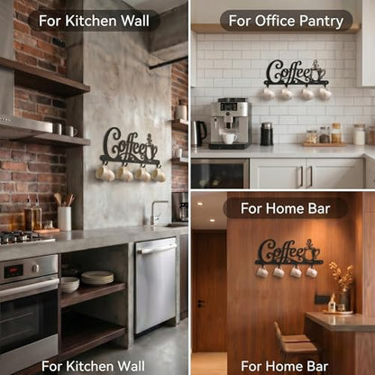 Coffee Mug Holder Wall Mount with 4 Hooks, 16.93 Inch Metal Coffee Bar Decor Sign, Heavy Duty Iron Cup Rack Hanger for Kitchen, Cafe and Home Organization, Matte Black（16.93"L x 6.69"H x 0.98"W)