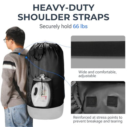 Large Backpack Laundry Bag (29" H × 15" Dia), Waterproof Clothes Hamper Bag, 900D Oxford Fabric Body and Double-Layer Nylon Base, Perfect for College Dorm, Travel, Apartment, Laundromat (Black)