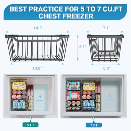 Freezer Organizer Bins, 4 Pack Stackable Chest Freezer Organizer for 5-7 Cu.FT Deep Freezer Sort Frozen Meats and Food, Freezer Storage Baskets with Handles Easy Reach from Bottom, Black