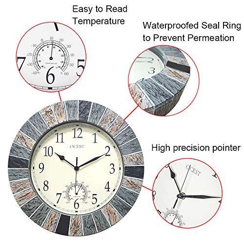 13 Inch Waterproof Indoor Outdoor Wall Clock with Thermometer, Brown | Silent non-ticking battery movement, brown easy-read dial for patio, pool, lanai, fence, porch, and garden