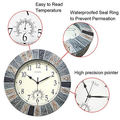 13 Inch Waterproof Indoor Outdoor Wall Clock with Thermometer, Brown | Silent non-ticking battery movement, brown easy-read dial for patio, pool, lanai, fence, porch, and garden