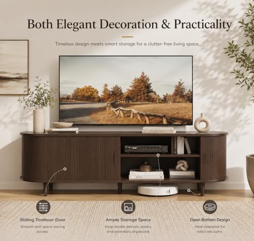 58" Mid-Century Modern TV Stand with Sliding Doors, TV Consoles with Power Outlet, Fluted Entertainment Center with Adjustable Shelves for Living Room