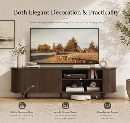 58" Mid-Century Modern TV Stand with Sliding Doors, TV Consoles with Power Outlet, Fluted Entertainment Center with Adjustable Shelves for Living Room