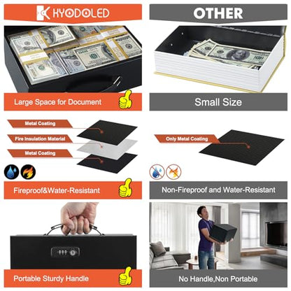 KYODOLED Fireproof Lock Box for Documents, Dual Combination and Key Lock Security with Carrying Handle, Metal Strong Safe Box to Keep Personal Items,Documents, Exterior 12.6" x 8.3" x 3.58", Black