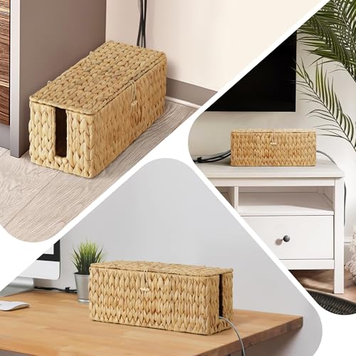 Cable Management Box with Lid, 2Pack Handwoven Real Water Hyacinth Cord Hider Organizer Boxes, 2 Side Open Slots Storage Box to Hide Cords Power Strip for Desk, Floor, Office