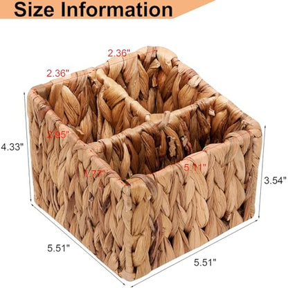 Hand Woven Wicker Remote Control Holder with 3 Compartments-Natural | Water Hyacinth Storage Basket,Cosmetic Storage Box for Desk,Home Organization