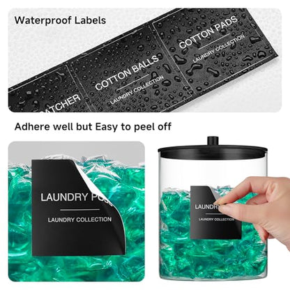 Laundry Pods Container with 27 Labels, Glass Jars for Laundry Room Organization, Detergent Holder with Bamboo Lid, Cute Storage Jars, Black (Set of 1)