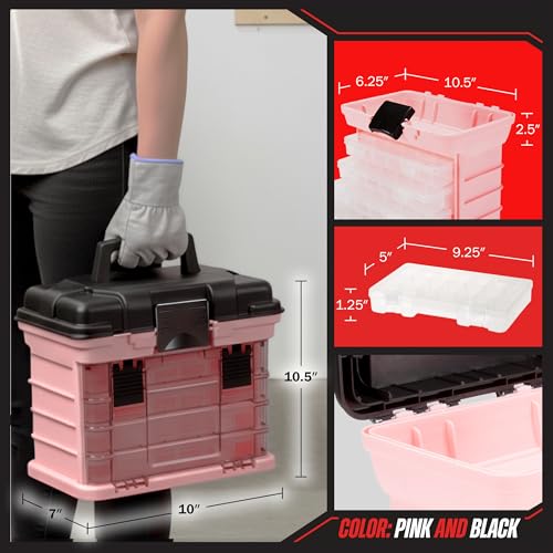 Stalwart Portable Tool Box for Women or Men, Pink, 10 x 7 x 10.5in | Small Parts Organizer with Drawers and Customizable Compartments for Hardware, Fishing Tackle Box, Beads or Crafting Supplies