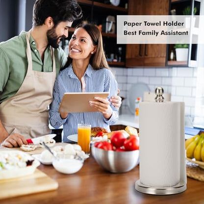 Paper Towel Holder Countertop, Standing Paper Towel Roll Holder for Kitchen Bathroom, with Weighted Base for One-Handed Operation (Brushed Nickel)