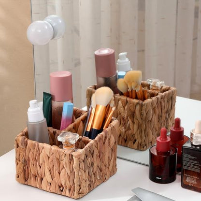 Hand Woven Wicker Remote Control Holder with 3 Compartments-Natural | Water Hyacinth Storage Basket,Cosmetic Storage Box for Desk,Home Organization