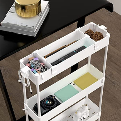 Slim Storage Cart 4 Tier,Bathroom Organizer Rolling Utility, Mobile Shelving Unit Slide Out for Office, Kitchen, Laundry Room & Narrow Places,White