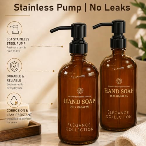 Fachixy Amber Glass Soap Dispenser 2 Pack, 16 Fl Oz, 14 Waterproof Labels | Leak-Resistant Stainless Steel Pump, Non-Slip Pad, Hand & Dish Soap Dispenser Bottles Set for Kitchen and Bathroom