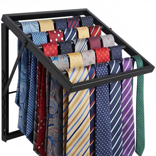 Wall Mounted Tie Rack Organizer, Metal Tie Rack Holds Up to 58 Ties, Adjustable Angle Tie Holder for Closet ,Tie Organizer Wall Mounted, Suitable for Ties, Scarves and Belts Organization (Black)