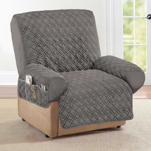 Collections Etc Diamond-Shape Quilted Stretch Recliner Cover with Storage Pockets and Elastic Straps - Furniture Protector | Storage Pockets and Elastic Straps - Furniture Protector