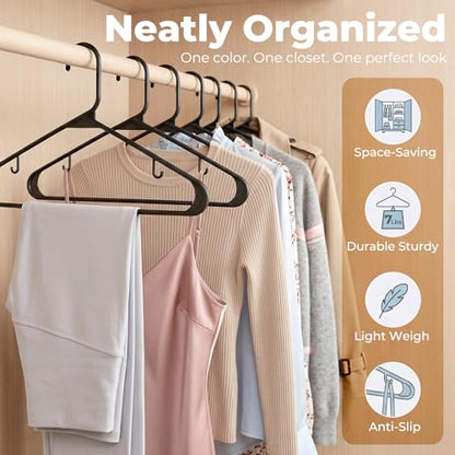 HOUSE DAY Black Plastic Hangers 60 Pack, Slim Space-Saving Clothes Hangers | Durable Hangers Hold Up to 7 lb with Built-In Non-Slip Strap Hooks and Smooth Edges; Family Pack for Everyday Closet Storage