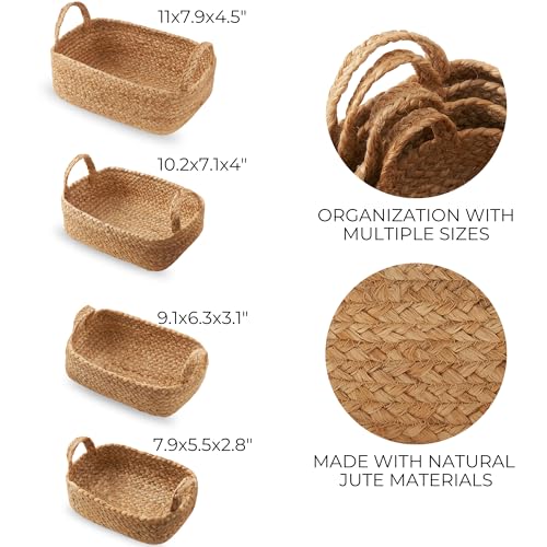 Beautiful Storage Basket Set of 4 - Natural Jute Rope Baskets for Shelves Are Perfect for Organizing Your Home - Quality Storage Bins Easily Fit With Any Nursery or Bedroom Decor