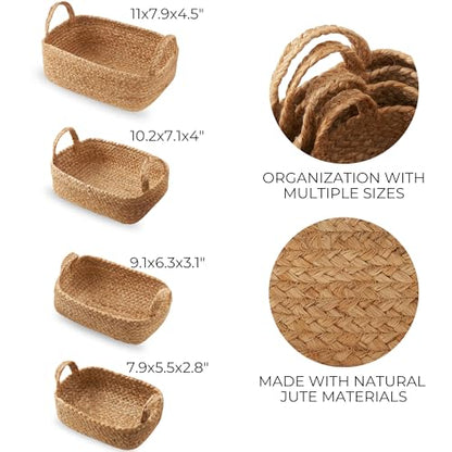 Beautiful Storage Basket Set of 4 - Natural Jute Rope Baskets for Shelves Are Perfect for Organizing Your Home - Quality Storage Bins Easily Fit With Any Nursery or Bedroom Decor