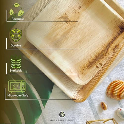 Bamboo Leaf Plates 10 Inch & 7 Inch Square [50-Pack] | Biodegradable and Compostable for Appetizer and Dinner - Disposable Wood Dinnerware Set - Party Pack