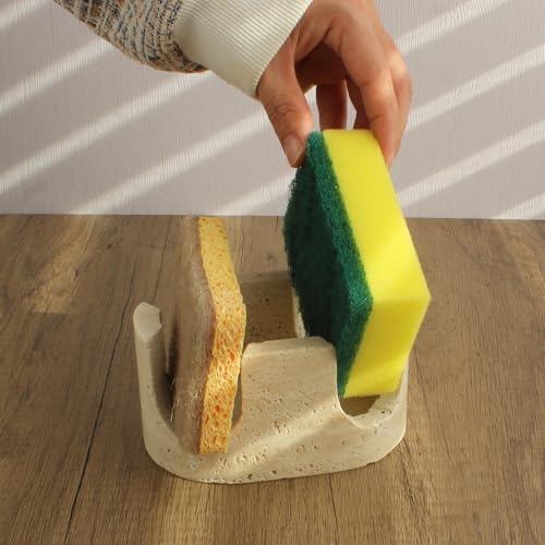 Natural Travertine Marble 2-Slot Sponge Holder for Kitchen Counter, 2-in-1 Stone Drying Rack, Sponge Caddy for Sink Organizer - Beige Travertine
