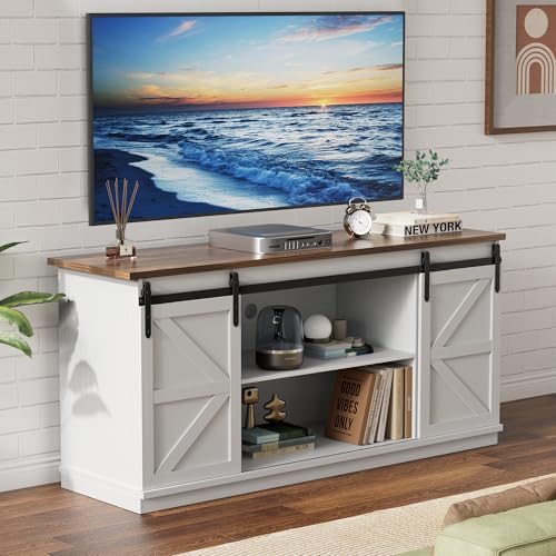 YESHOMY 58" Farmhouse TV Stand for TVs up to 65", Sliding Barn Doors, White | Entertainment Center, Storage Cabinets, Media Console for Living Room and Bedroom