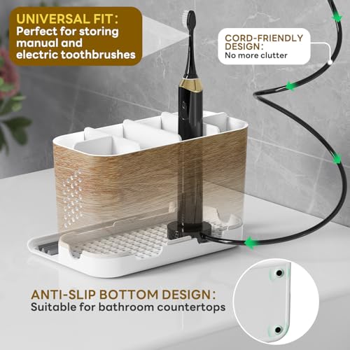 Bathroom Organizers and Storage 6 Slots Wood Grain Electric Toothbrush Holders with Phone Holder and Adjustable Dividers, Cord-Friendly Toothbrush Organizer with Drainage for Family, Kids