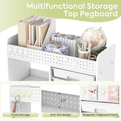 Rolling Craft Cart with 6 Drawers, Pegboard and Locking Wheels White | Ample multi-zone storage, 2 open shelves, art cart for classrooms, homeschool and offices, sturdy wood-metal frame