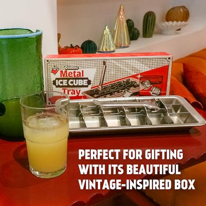 Metal Stainless Steel Ice Cube Trays with Lever, 18 cubes | Vintage Retro Design, 11 Inch, Non Toxic, BPA Free, Plastic Free, No Aluminum, Dishwasher Safe, Cocktails and Whiskey