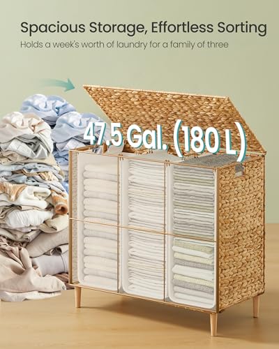 SONGMICS Laundry Hamper 3 Sections, 47.5 Gal. (180 L) Handwoven Water Hyacinth Wicker Laundry Basket with Lid, Natural Material, Removable Machine Washable Liners, Handles, Natural ULCB203Y01