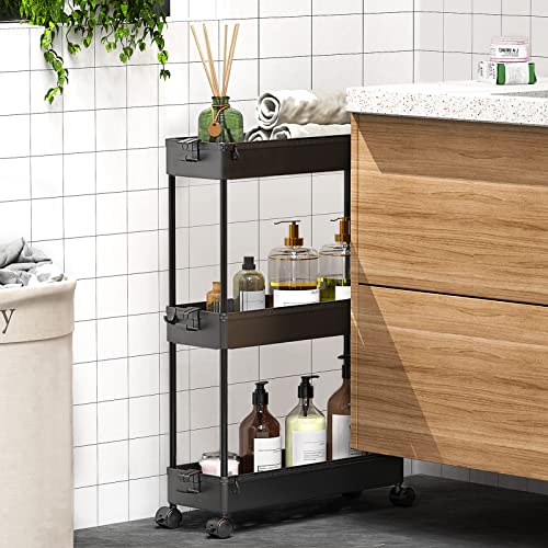 Slim Rolling Storage Cart, 3 Tier Bathroom Storage... (Black | Plastic)