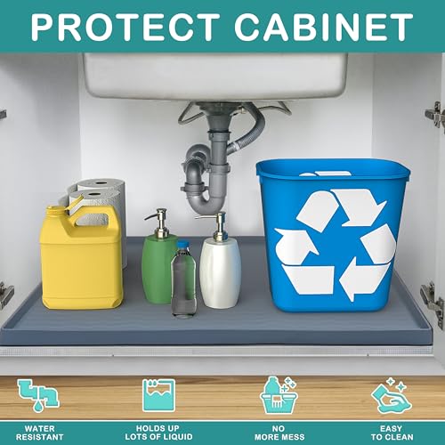 Waterproof Silicone Under Sink Mat 31'' x 22'' Shelf Liner for Kitchen and Bathroom, Cabinet and Counter Protector, Storage and Organizers, Litter Mat, Pet Cat Puppy Essentials(Dark Grey)